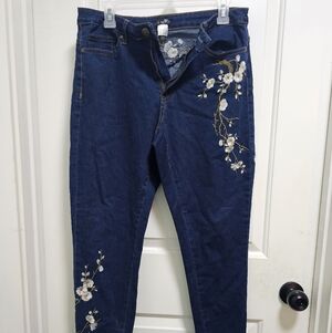 VENUS Dark Blue Jeans with White Floral Embroidery Cherry Blossom